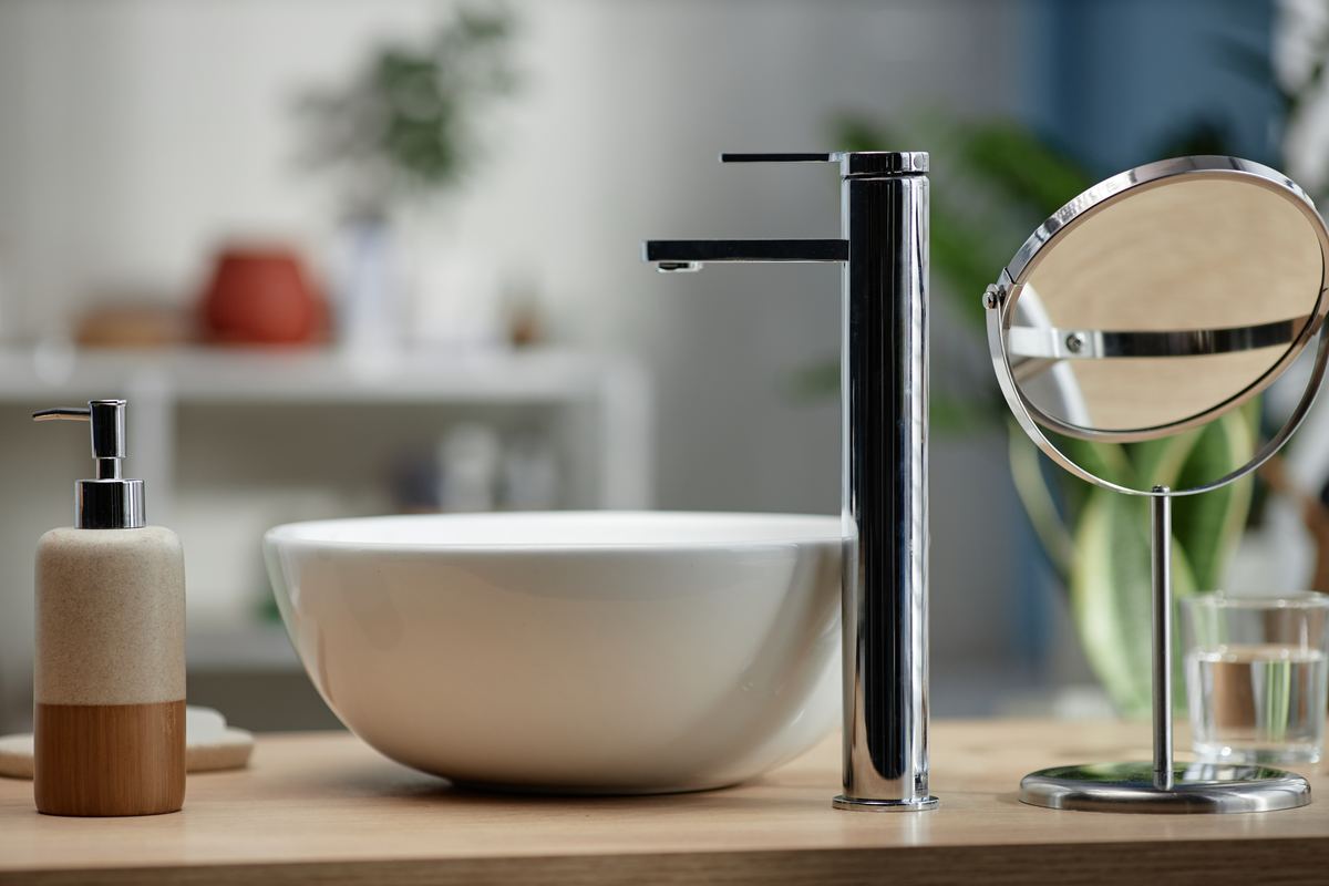 Modern bathroom sink and chrome faucet
